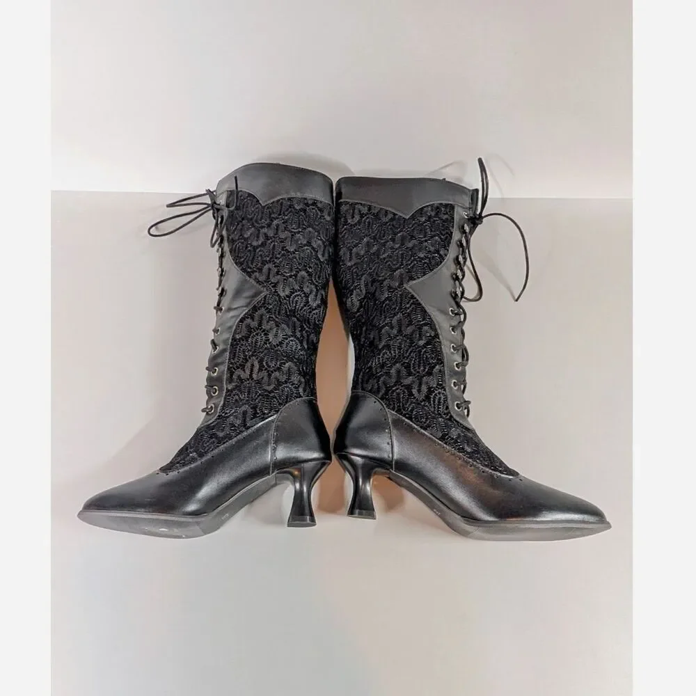 Victorian Goth Lace Up Boots Black Regency Kitten Heel Size 4.5-5 Pirate Cosplay - Picture 10 of 14